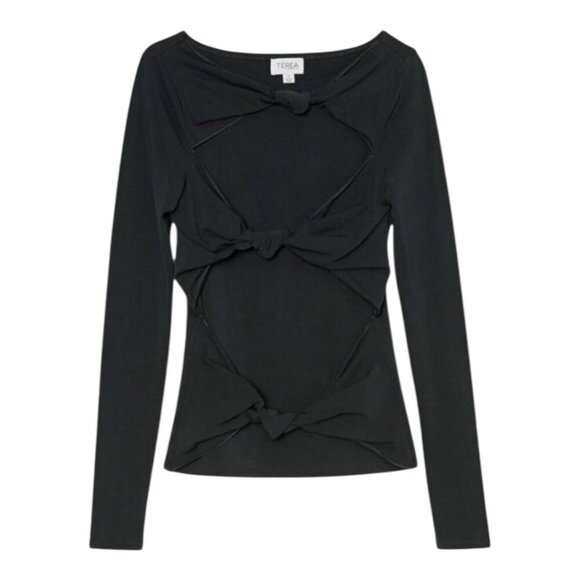 Terea By Andrea Pitter Primrose Knotted Front Top Size Large Black Long Sleeves - Picture 3 of 11